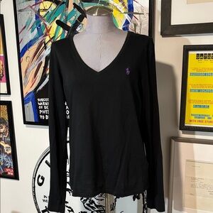 Ralph Lauren Spirt Black Long Sleeve V-Neck Top with Purple Pony XLp